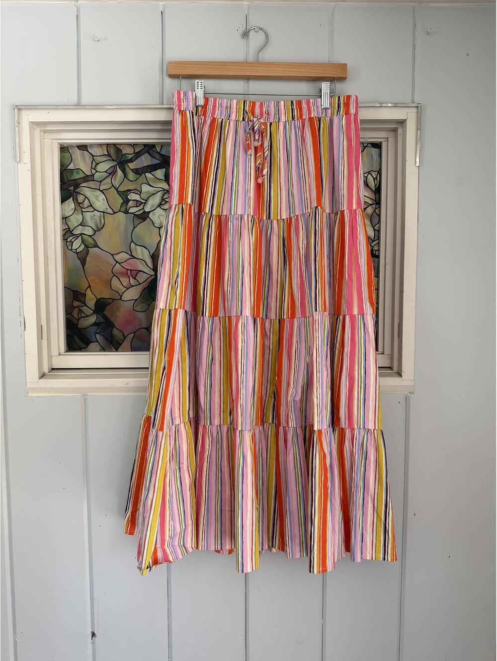 Aqua Colorful Striped Tiered Maxi Skirt Size Large